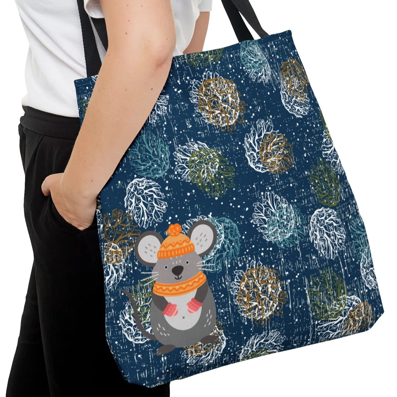 Large Tote Bag Adorable Mouse on Blue Patterned: Whimsical Critter Design