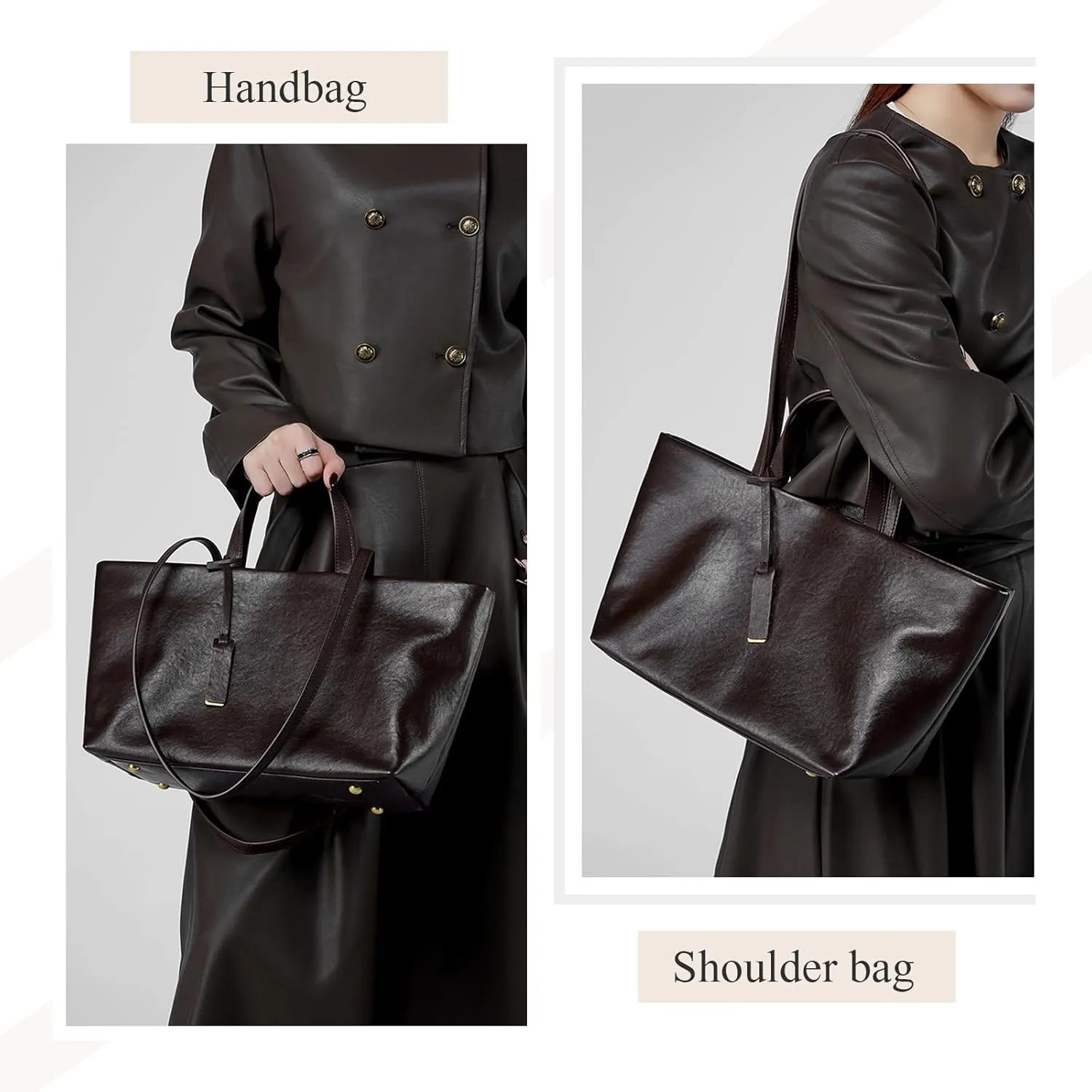 Large Tote Bags for Women, Genuine Leather Satchel Handbags Purses with Anti-friction Foot Pegs.