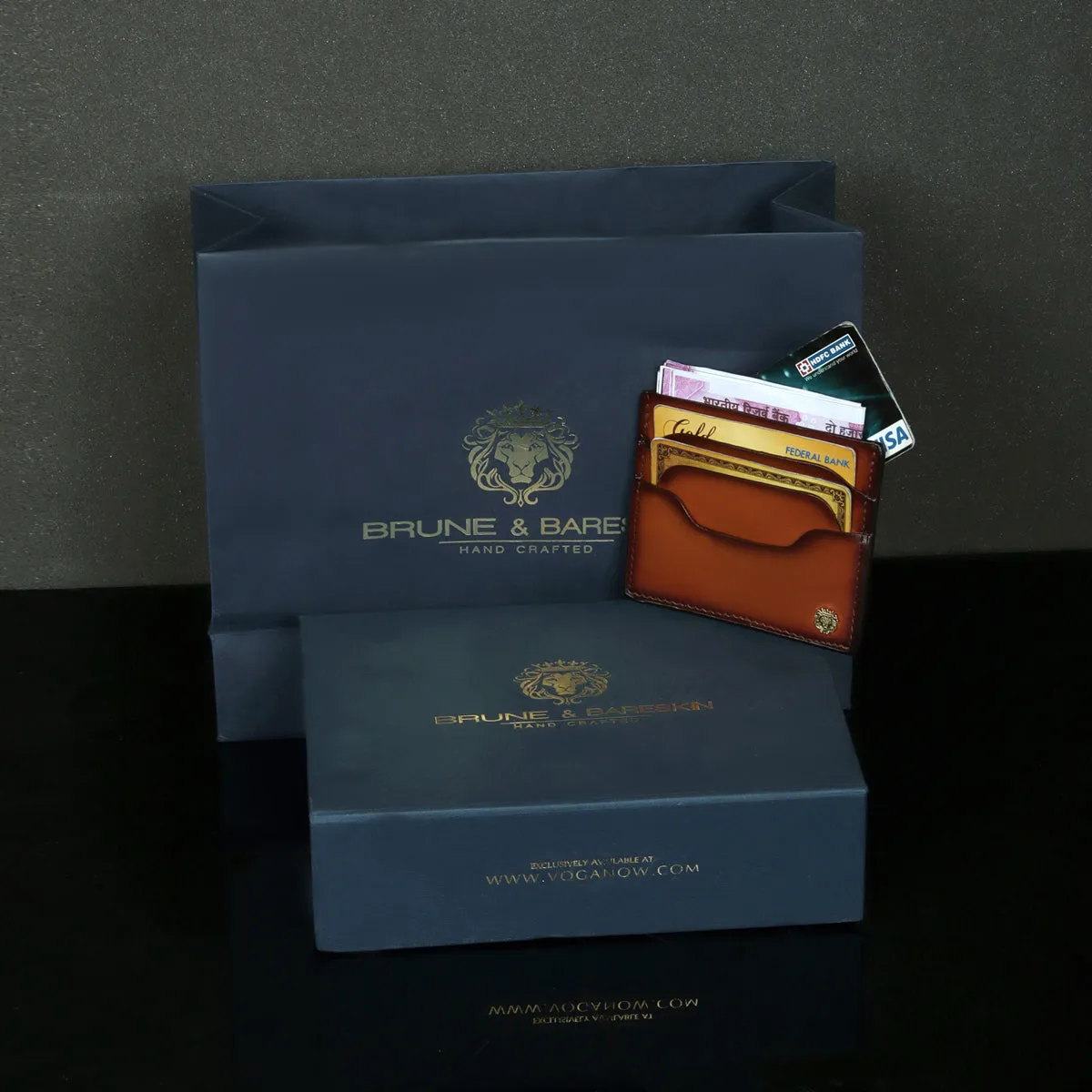 Layered Design pockets Tan Leather With Mini Lion Card Holder By Brune & Bareskin