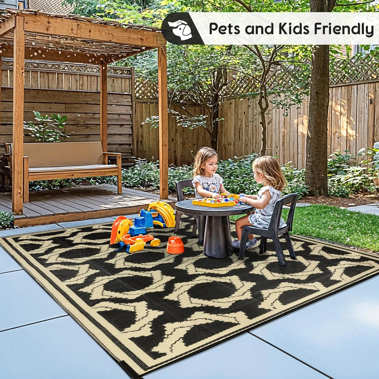 LBRO2M Waterproof Outdoor Rugs 8X10 for Patio Outdoor Plastic Straw Rug Reversible Outdoor Camping Rug for RV, Deck, Beach (8X10 Black Beige)