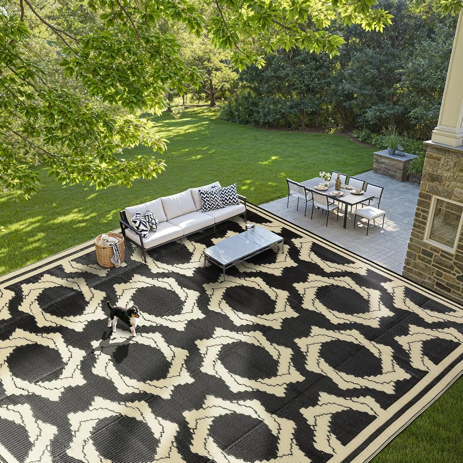 LBRO2M Waterproof Outdoor Rugs 8X10 for Patio Outdoor Plastic Straw Rug Reversible Outdoor Camping Rug for RV, Deck, Beach (8X10 Black Beige)