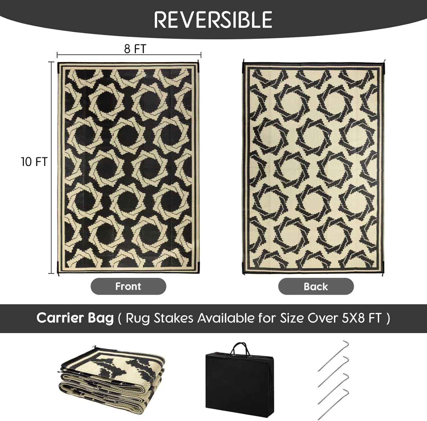 LBRO2M Waterproof Outdoor Rugs 8X10 for Patio Outdoor Plastic Straw Rug Reversible Outdoor Camping Rug for RV, Deck, Beach (8X10 Black Beige)