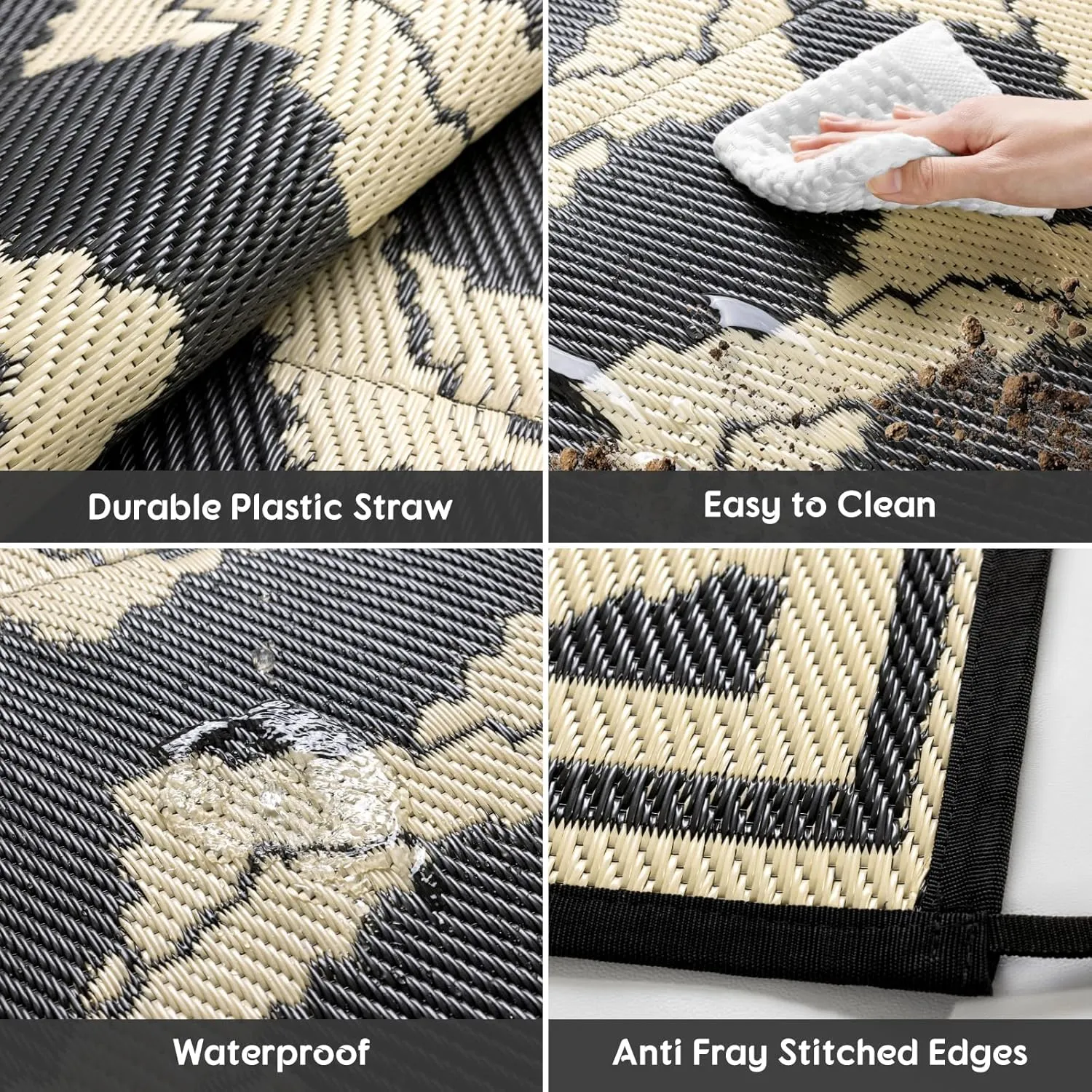 LBRO2M Waterproof Outdoor Rugs 8X10 for Patio Outdoor Plastic Straw Rug Reversible Outdoor Camping Rug for RV, Deck, Beach (8X10 Black Beige)