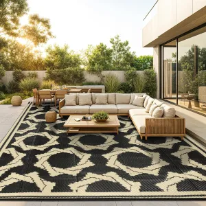 LBRO2M Waterproof Outdoor Rugs 8X10 for Patio Outdoor Plastic Straw Rug Reversible Outdoor Camping Rug for RV, Deck, Beach (8X10 Black Beige)