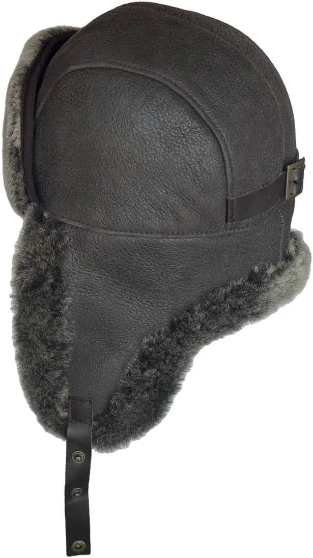 Leather Aviator Russian Ushanka Trapper Shearling Sheepskin Fur Ear Flap Waterproof Winter Hat