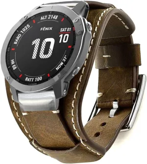 Leather Bands Compatible with Garmin Fenix 6X/6X Pro/5X/5X Plus/3/3 HR/Sapphire/D2/Foretrek 601/701/Quatix 3/Tactix Bravo/Descent Mk1 Smartwatch, 26mm Quick Fit Genuine Leather Cuff Band Strap for Men Women