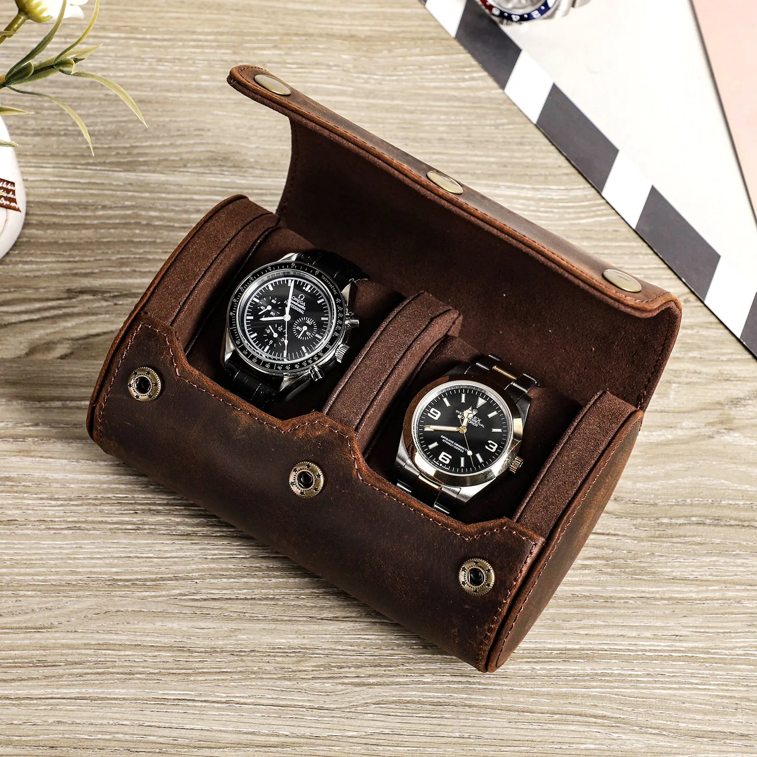 Leather Portable Watch Roll Case for Travel and Storage