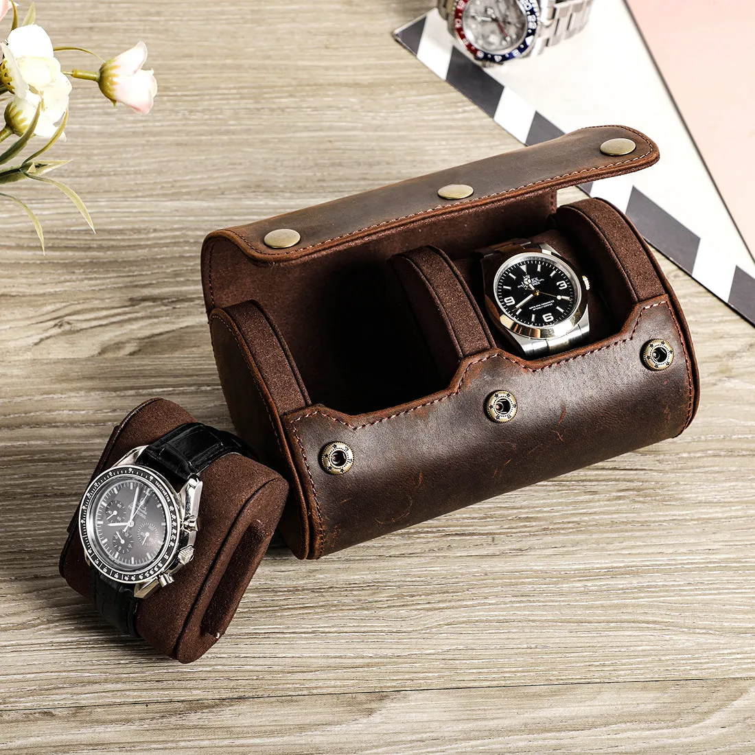Leather Portable Watch Roll Case for Travel and Storage