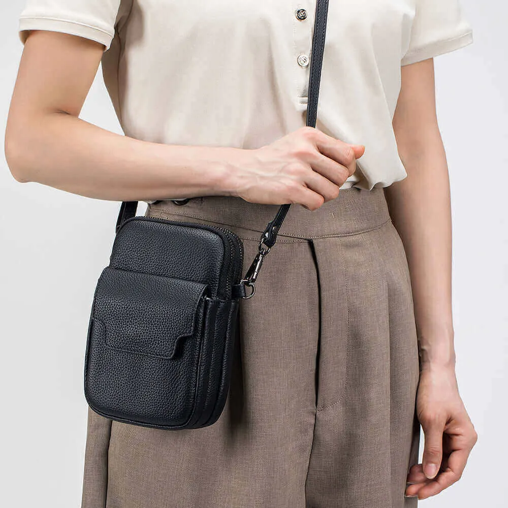 Leather Vertical Double Zipper Small Phone Crossbody Bag