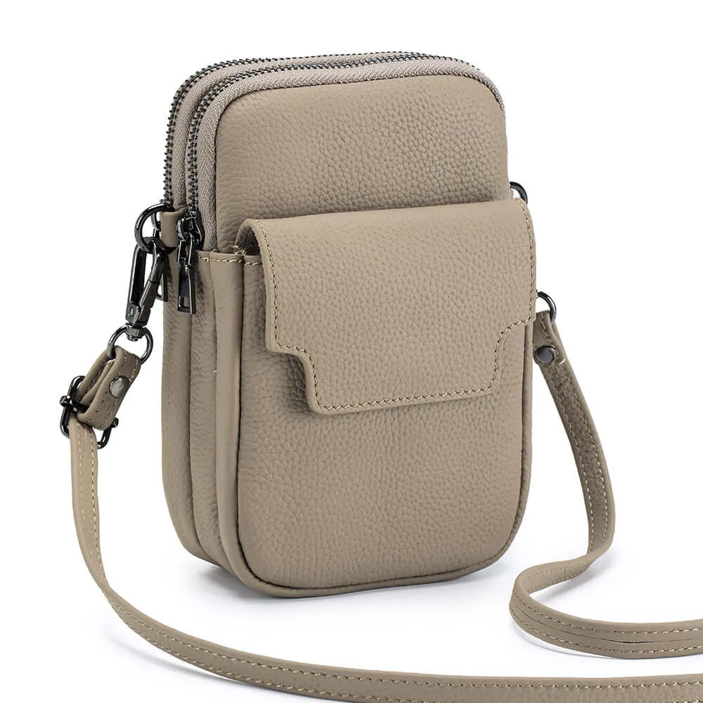 Leather Vertical Double Zipper Small Phone Crossbody Bag