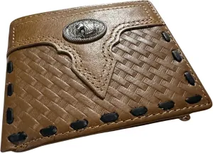 Leather Wallet Basketwave Cowboy Horses Stallion Concho Cowhide Stitched Bi Fold Checkbook Style Hand Crafted High End Smooth Leather Mens Wallets Leather Gifts For Men (Brown)