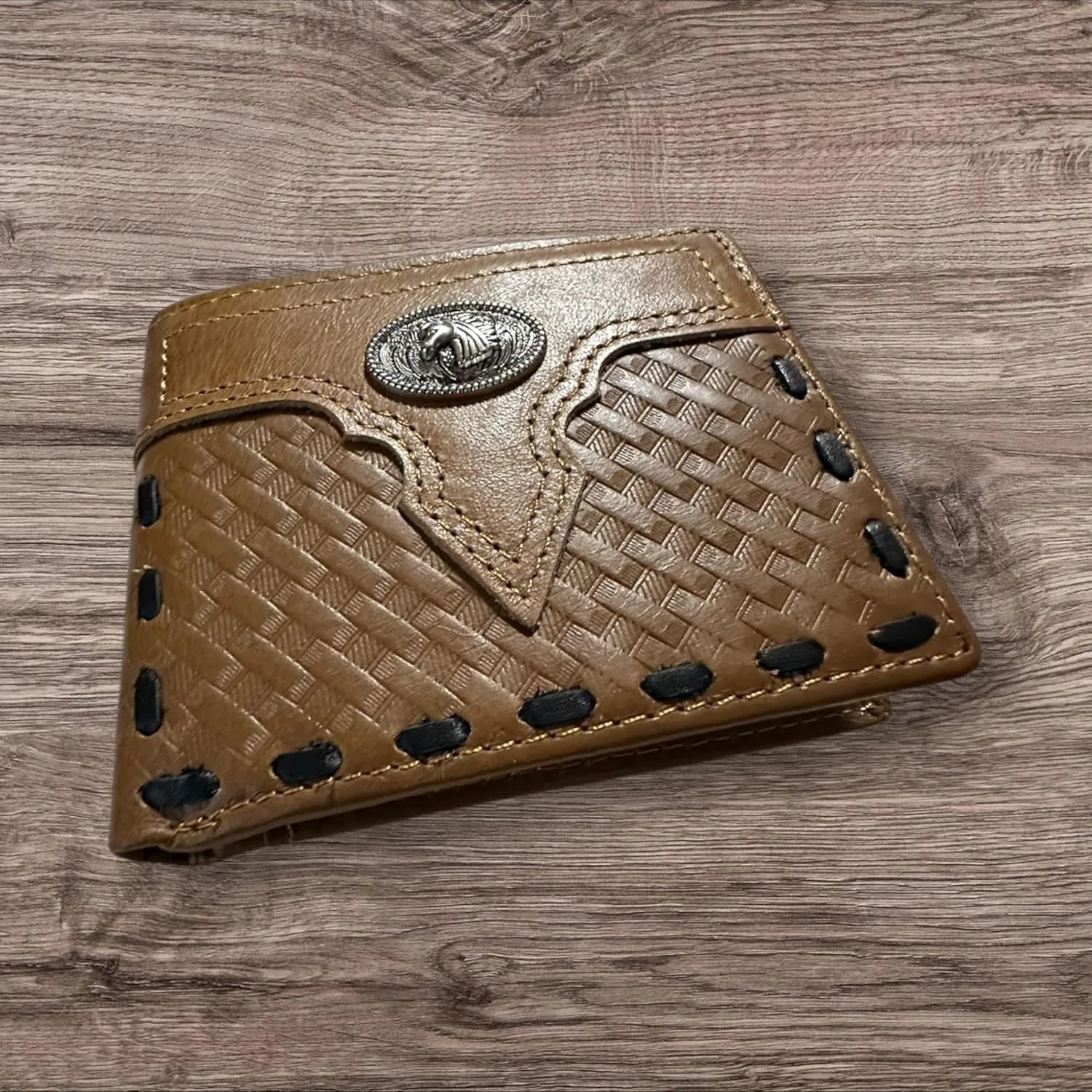 Leather Wallet Basketwave Cowboy Horses Stallion Concho Cowhide Stitched Bi Fold Checkbook Style Hand Crafted High End Smooth Leather Mens Wallets Leather Gifts For Men (Brown)