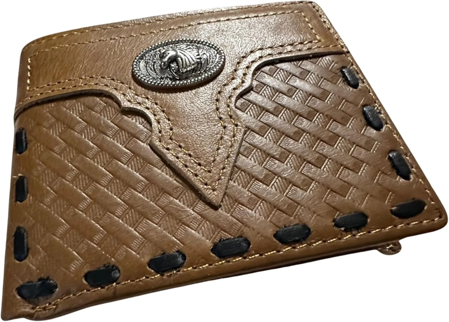 Leather Wallet Basketwave Cowboy Horses Stallion Concho Cowhide Stitched Bi Fold Checkbook Style Hand Crafted High End Smooth Leather Mens Wallets Leather Gifts For Men (Brown)