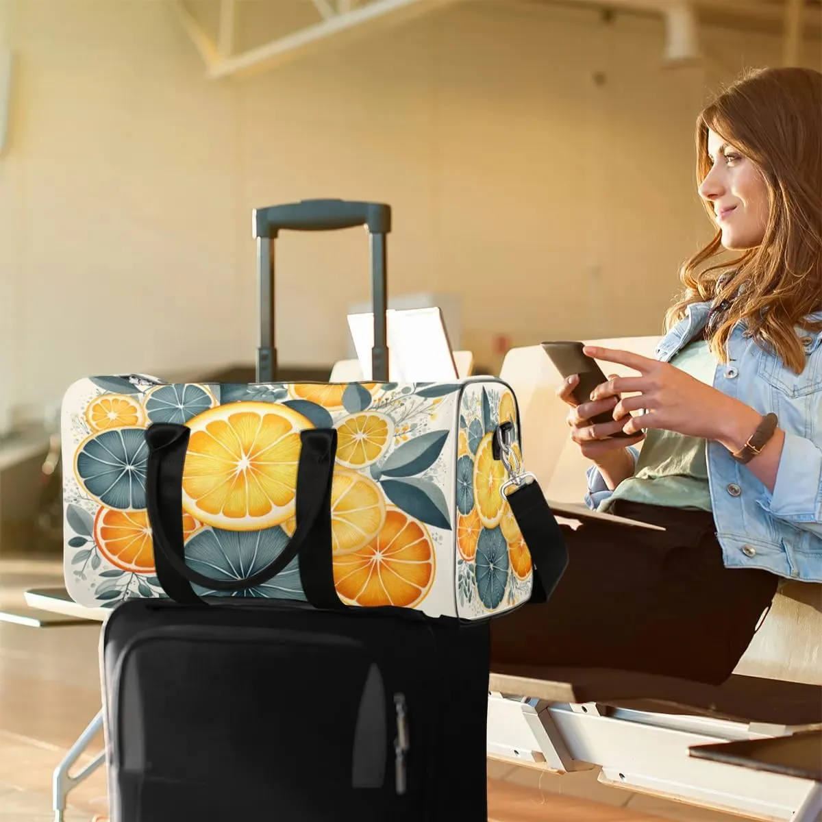 Lemon Travel Duffel Bag for Women Men Waterproof Foldable Overnight Weekender Bag Large Capacity Sports Gym Bag