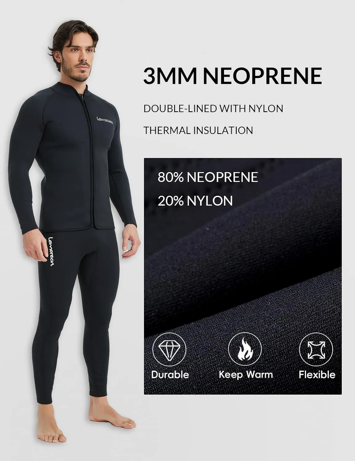 Lemorecn Wetsuit Top Men 3mm and 2mm Wetsuit Jacket Neoprene Long Sleeve for Water Sports