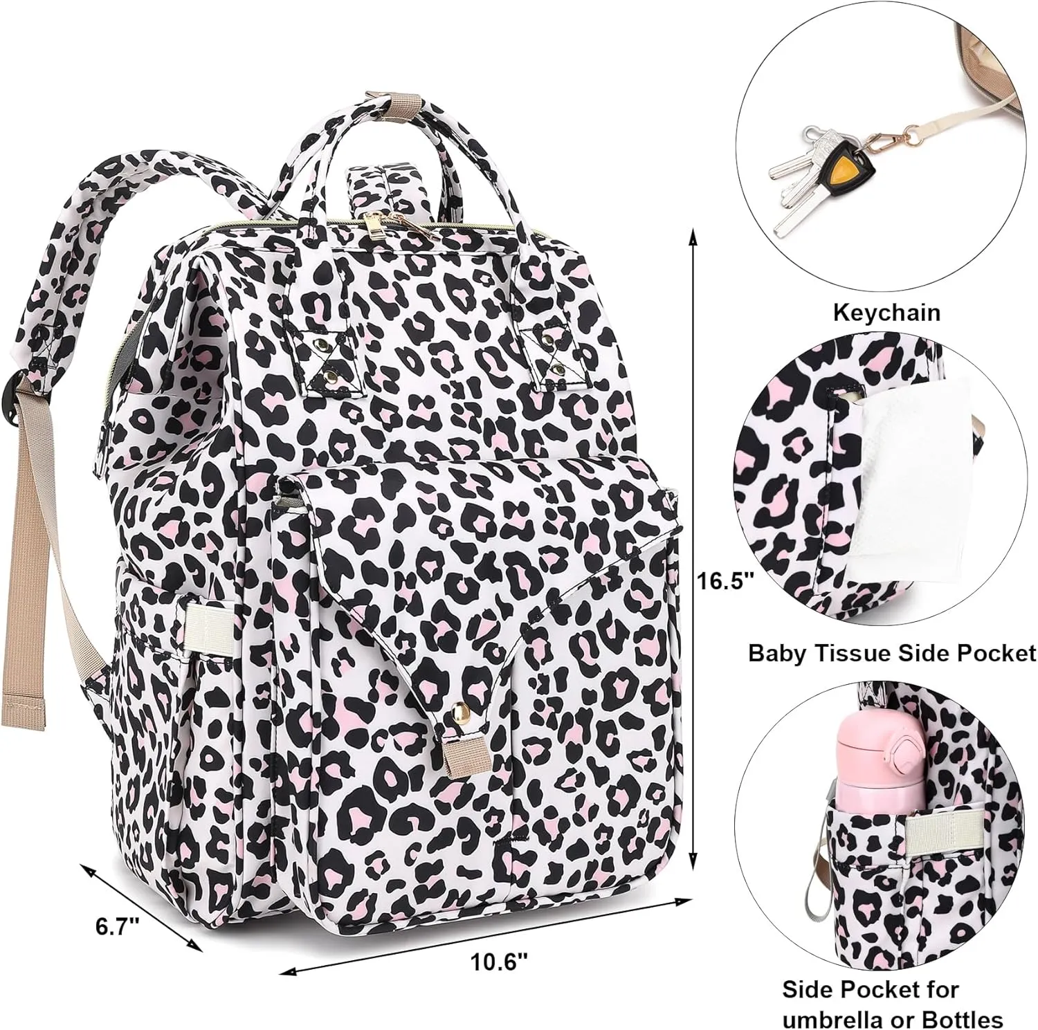 Leopard Diaper Bag Backpack for Baby Girls Boys, Large Capacity Multifunction Waterproof Maternity Mom Nappy Bags with Stroller Straps