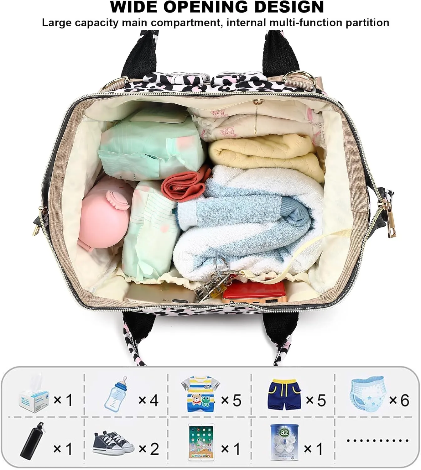 Leopard Diaper Bag Backpack for Baby Girls Boys, Large Capacity Multifunction Waterproof Maternity Mom Nappy Bags with Stroller Straps