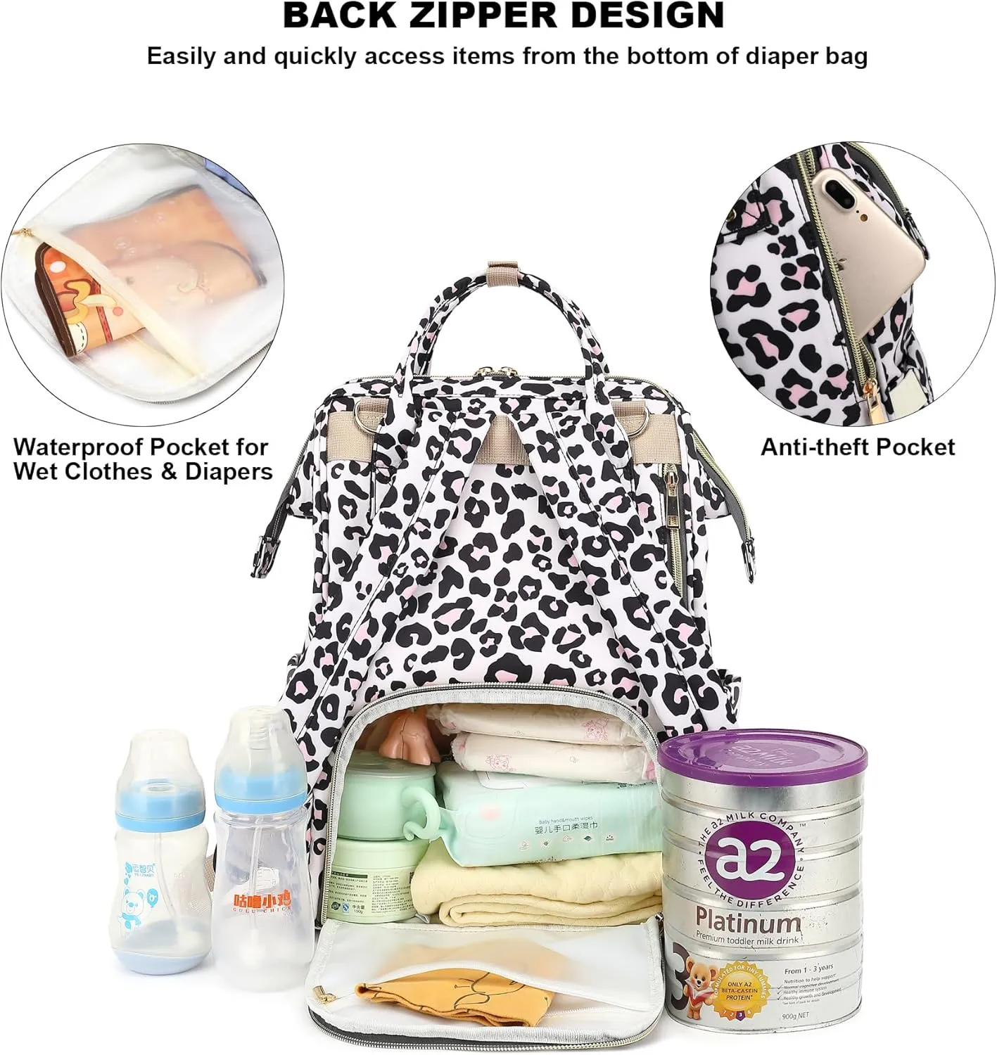 Leopard Diaper Bag Backpack for Baby Girls Boys, Large Capacity Multifunction Waterproof Maternity Mom Nappy Bags with Stroller Straps