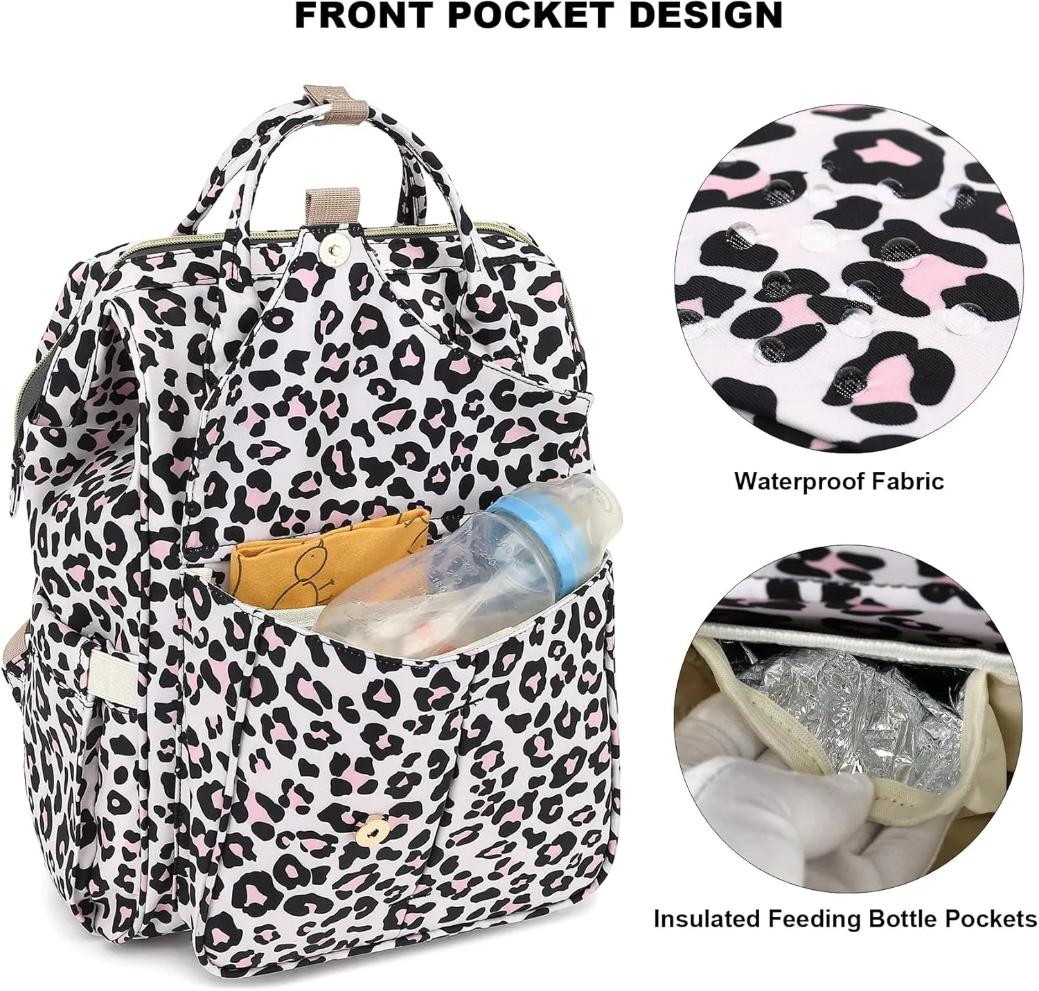 Leopard Diaper Bag Backpack for Baby Girls Boys, Large Capacity Multifunction Waterproof Maternity Mom Nappy Bags with Stroller Straps