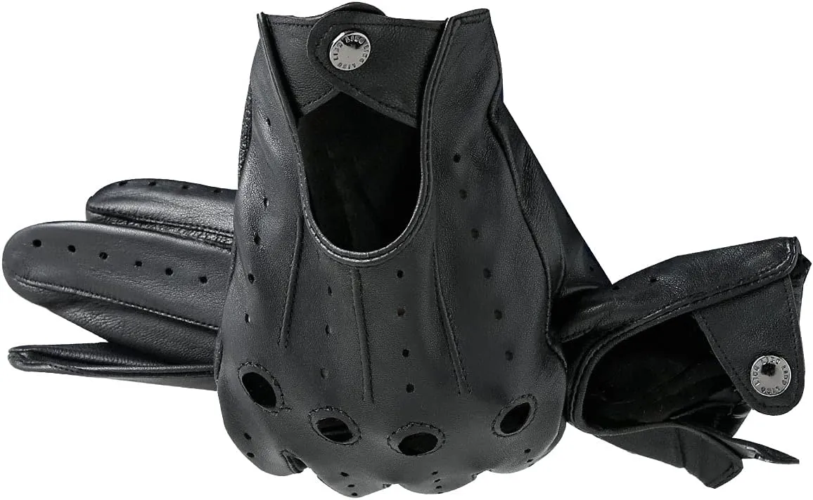 LIBO Genuine Leather Driving Gloves for Men Women, Unlined Full Finger Motorcycle Gloves, Button Closure (Non Touchscreen)