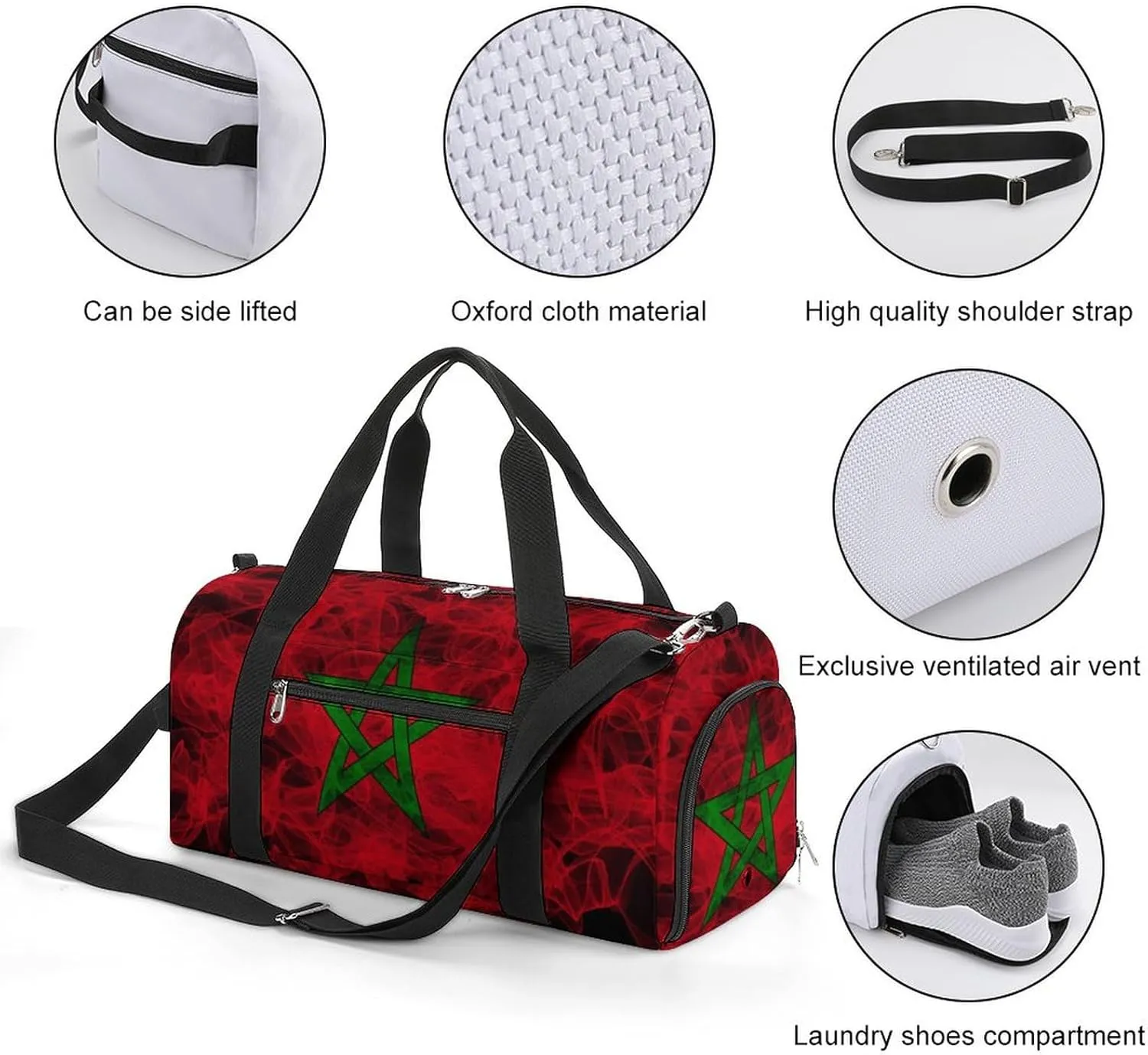 Lightweight Morocco Flag Smoke Style Duffle Bag with Shoe Compartment and Wet Pocket for Gym