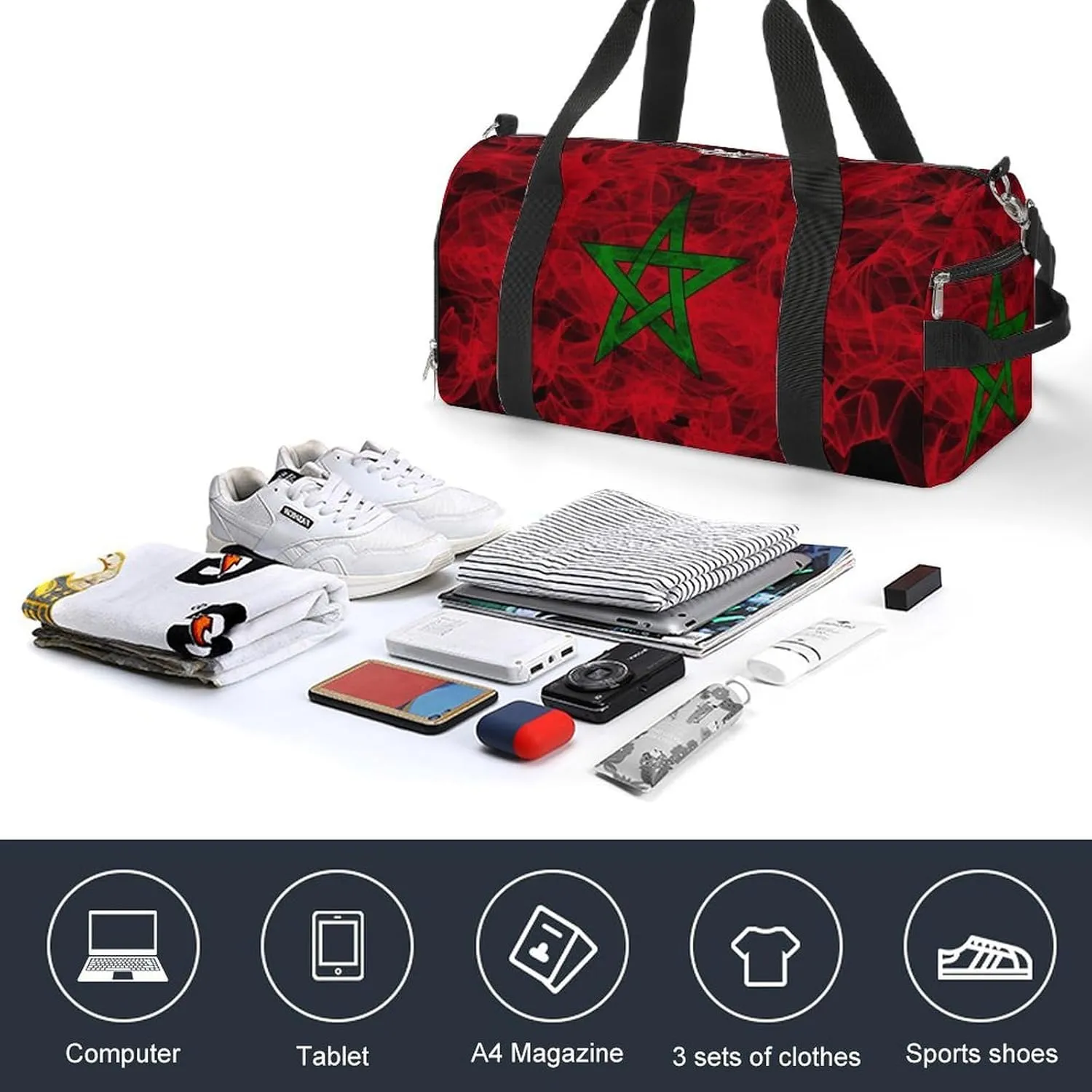 Lightweight Morocco Flag Smoke Style Duffle Bag with Shoe Compartment and Wet Pocket for Gym