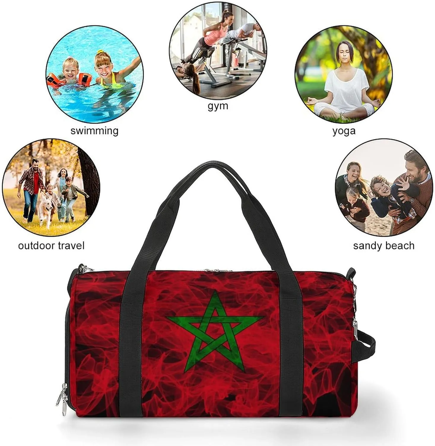 Lightweight Morocco Flag Smoke Style Duffle Bag with Shoe Compartment and Wet Pocket for Gym