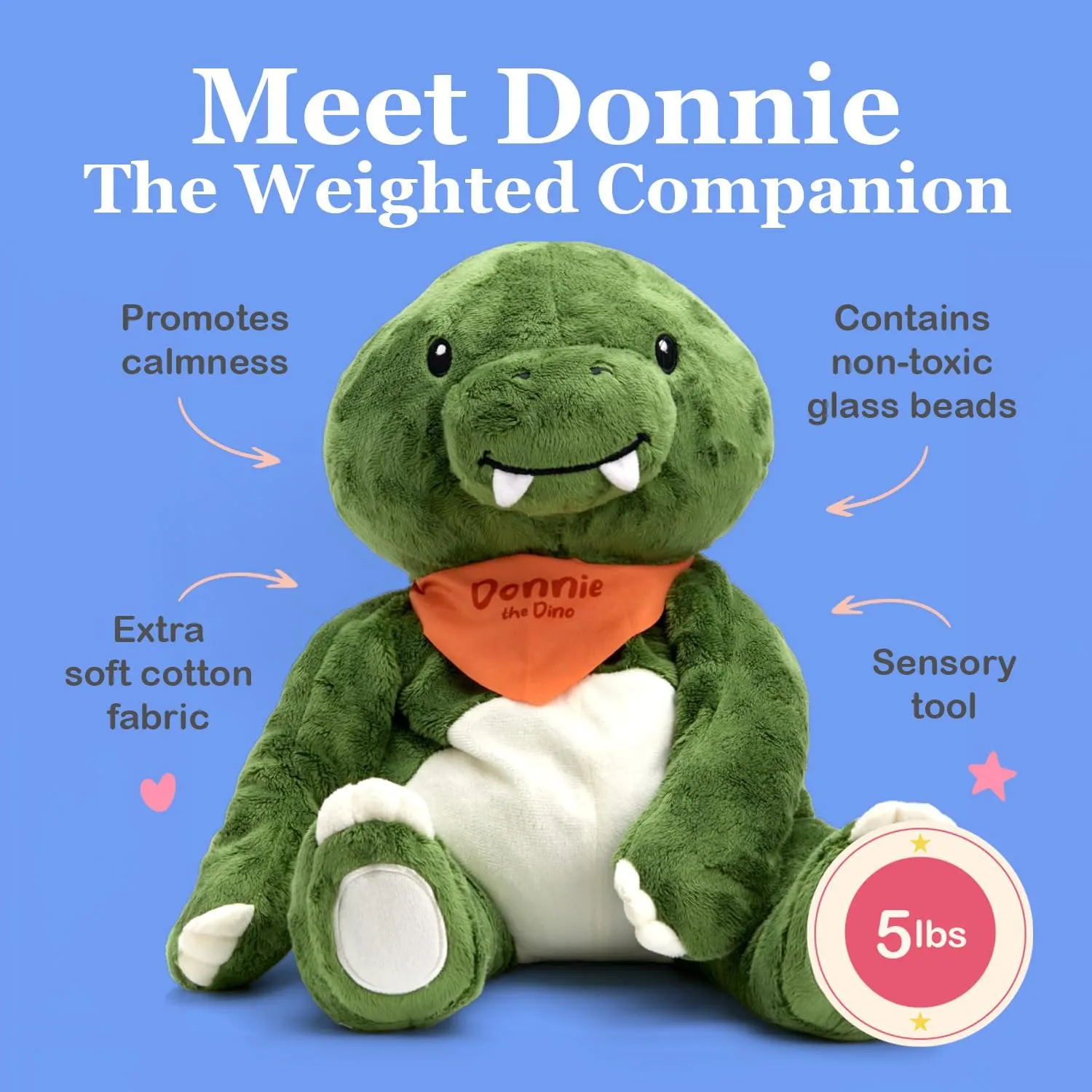 Lilly's Love Weighted Stuffed Animal, 5lb | Sensory Plush for Kids & Adults | Machine Washable Plushie w/Removable Inner | Calming Weighted Stuffed Animal for Anxiety, Donnie The Dino