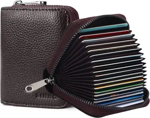 Linno RFID 20 Slots Credit Card Holder Genuine Leather Small Wallet for Women or Men with Zipper