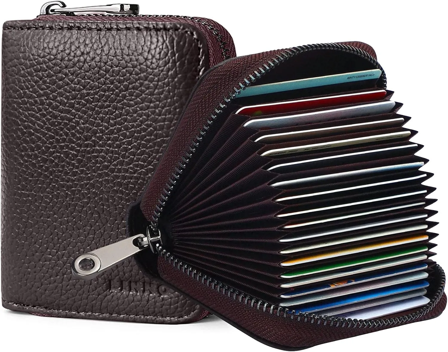 Linno RFID 20 Slots Credit Card Holder Genuine Leather Small Wallet for Women or Men with Zipper
