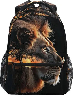 Lion Grassland Black Backpack Daypack Shoulder Bag Book Bag Lightweight Back Pack 12 ×16.9 Inches