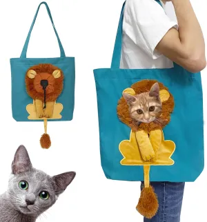 Lion-Shaped Show Head Pet Canvas Shaped Shoulder Bag，Pet Out Bag, Outcrop, Pet Out Shoulder Bag. (Lake Blue-Large)