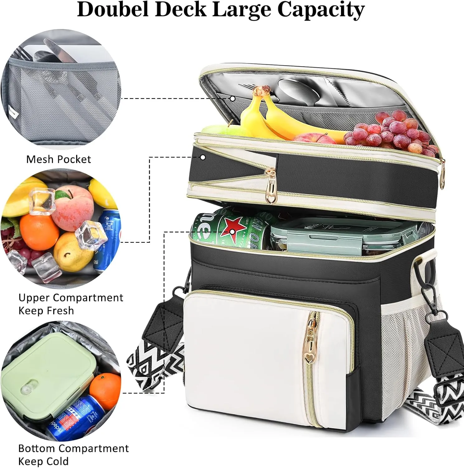 LOKASS Lunch Box for Men/Women-16L-Insulated Lunch Bag, Expandable Double-Layer Leakproof Cooler Bag with Upgrade Adjustable Shoulder Strap Ideal for Work/Travel/Picnics（Black&White）