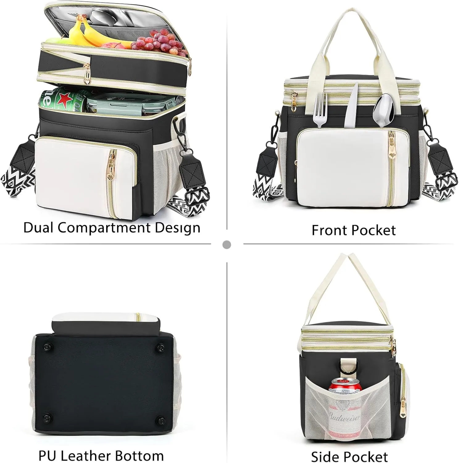 LOKASS Lunch Box for Men/Women-16L-Insulated Lunch Bag, Expandable Double-Layer Leakproof Cooler Bag with Upgrade Adjustable Shoulder Strap Ideal for Work/Travel/Picnics（Black&White）