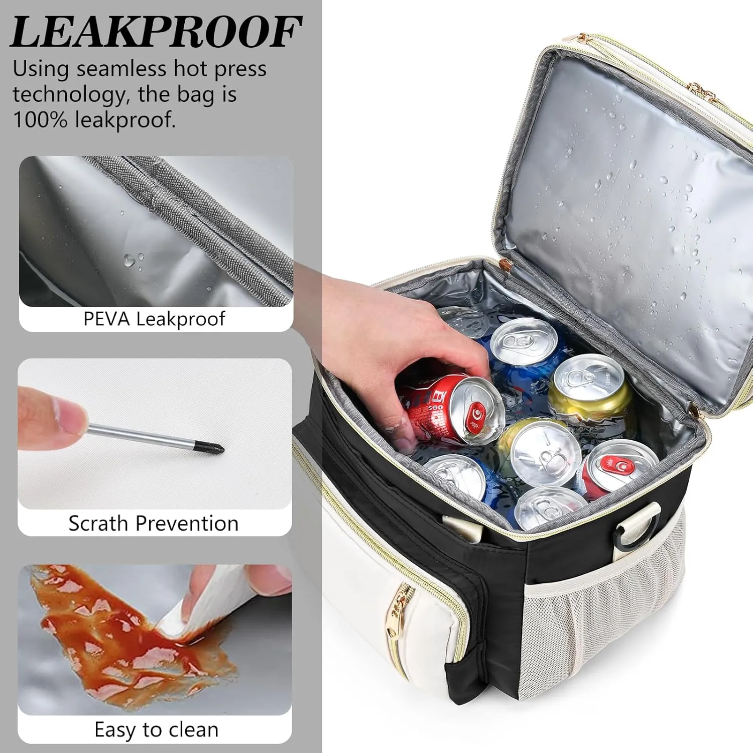 LOKASS Lunch Box for Men/Women-16L-Insulated Lunch Bag, Expandable Double-Layer Leakproof Cooler Bag with Upgrade Adjustable Shoulder Strap Ideal for Work/Travel/Picnics（Black&White）