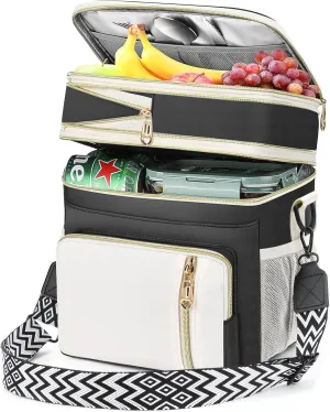 LOKASS Lunch Box for Men/Women-16L-Insulated Lunch Bag, Expandable Double-Layer Leakproof Cooler Bag with Upgrade Adjustable Shoulder Strap Ideal for Work/Travel/Picnics（Black&White）