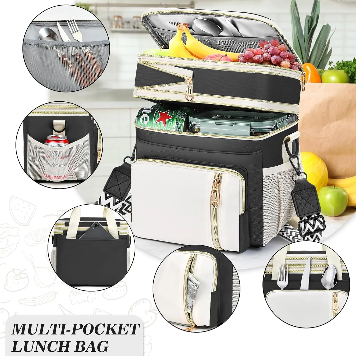 LOKASS Lunch Box for Men/Women-16L-Insulated Lunch Bag, Expandable Double-Layer Leakproof Cooler Bag with Upgrade Adjustable Shoulder Strap Ideal for Work/Travel/Picnics（Black&White）