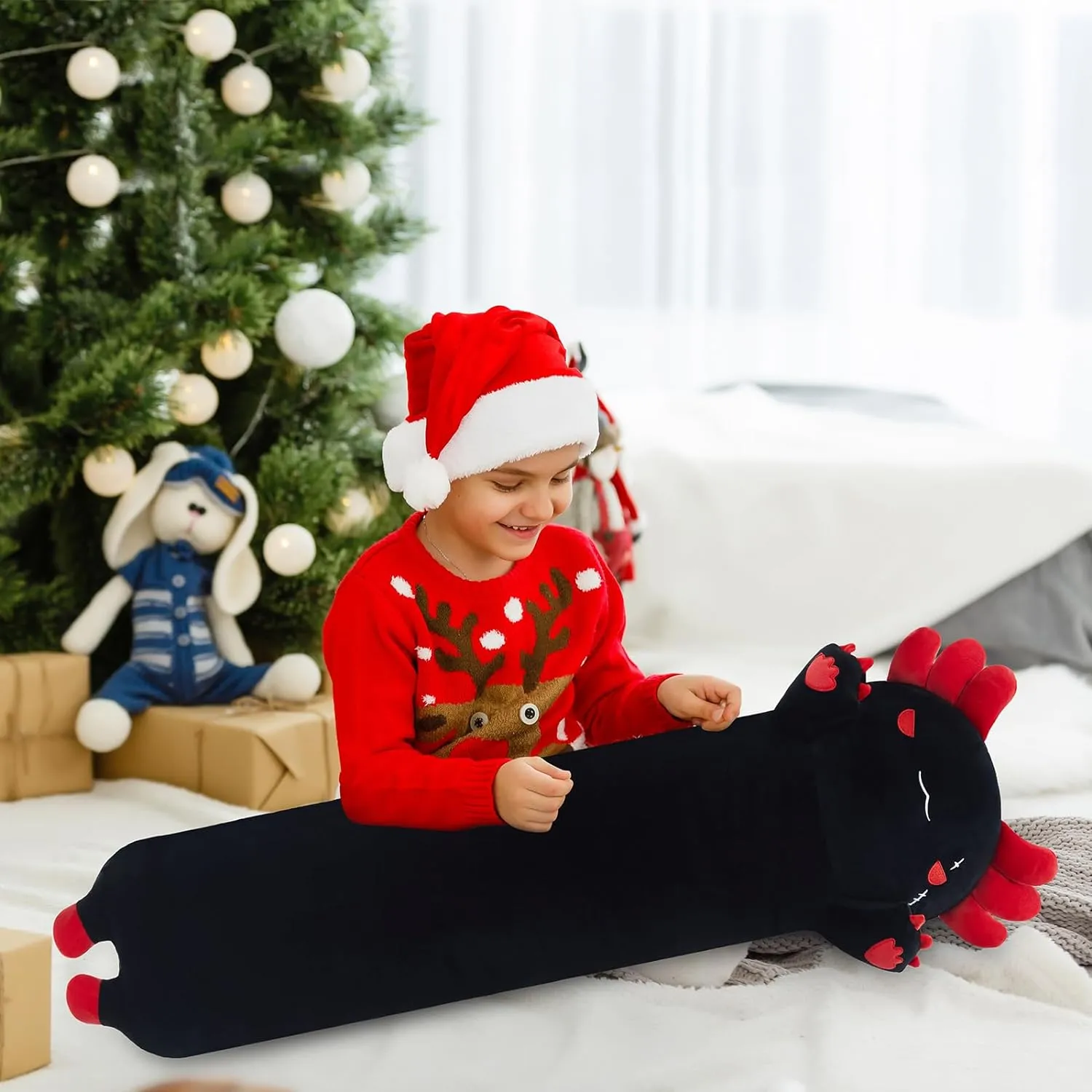 Long Axolotl Plush Toy Body Pillow, 35” Cute Axolotl Stuffed Animals Kawaii Soft Plushies, Axolotl Plush Doll Gift for Girls Boys, Black