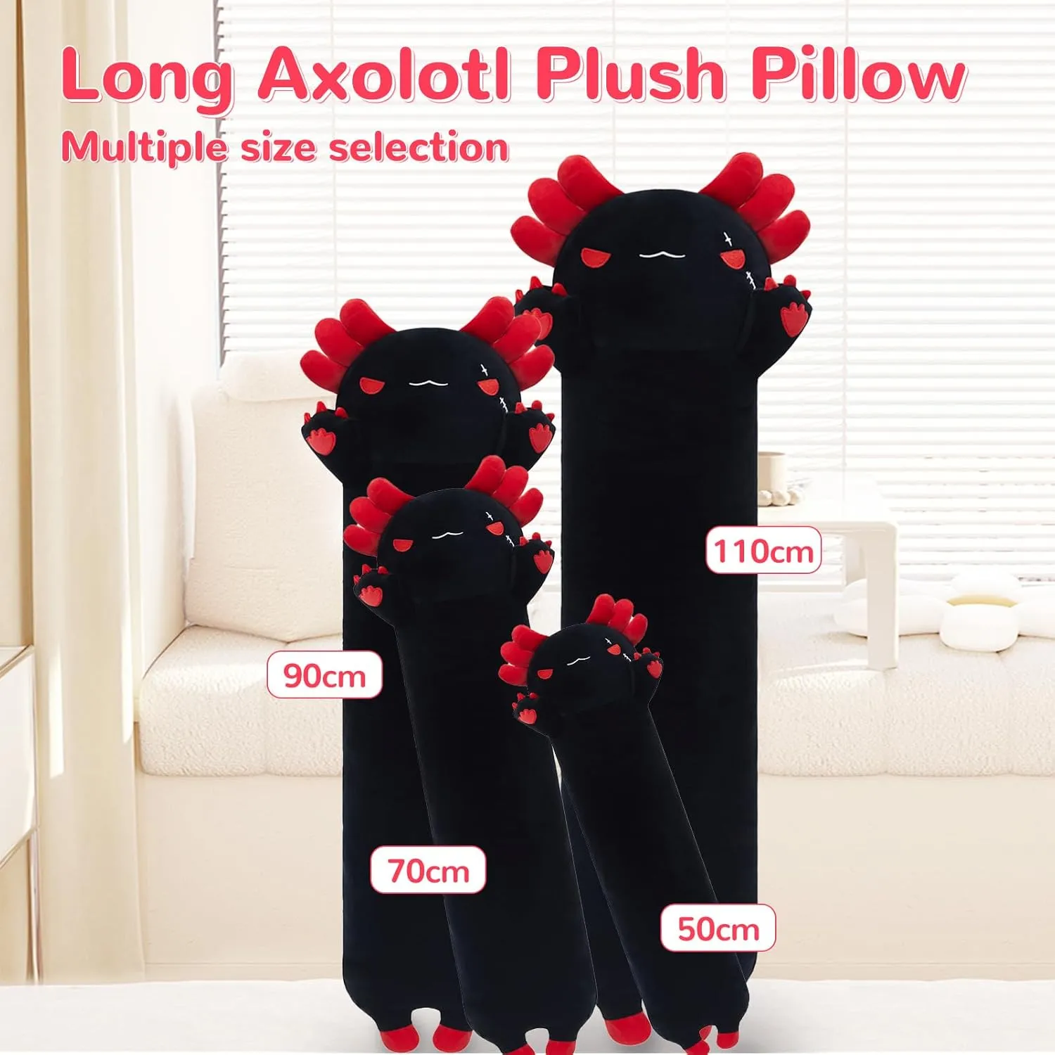 Long Axolotl Plush Toy Body Pillow, 35” Cute Axolotl Stuffed Animals Kawaii Soft Plushies, Axolotl Plush Doll Gift for Girls Boys, Black