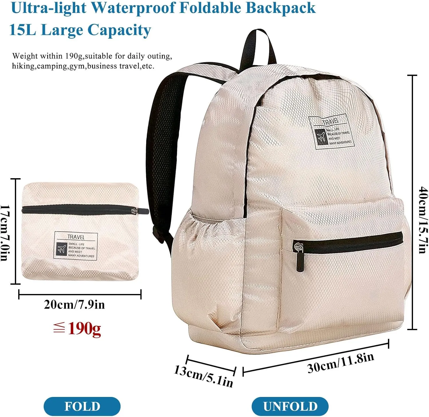 Long Keeper 15L Packable Lightweight Backpack for Women Men Water Resistant Foldable Hiking Travel Camping Daypack (Beige)