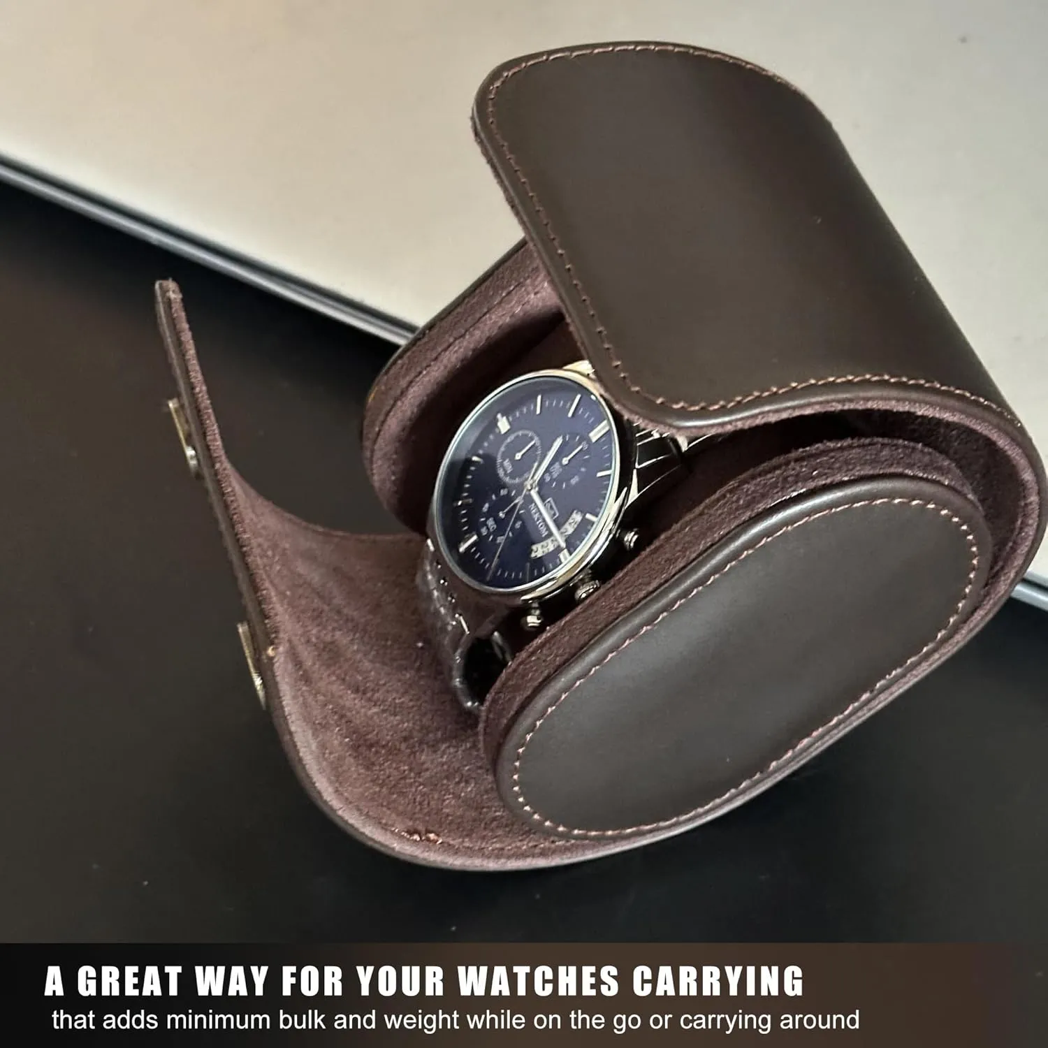 Longjet Watch Roll Travel Case for Men Portable Watches Organizer Box with Removable Velvet Pillow Holder (1 Slot Chocolate Brown/Genuine Leather)