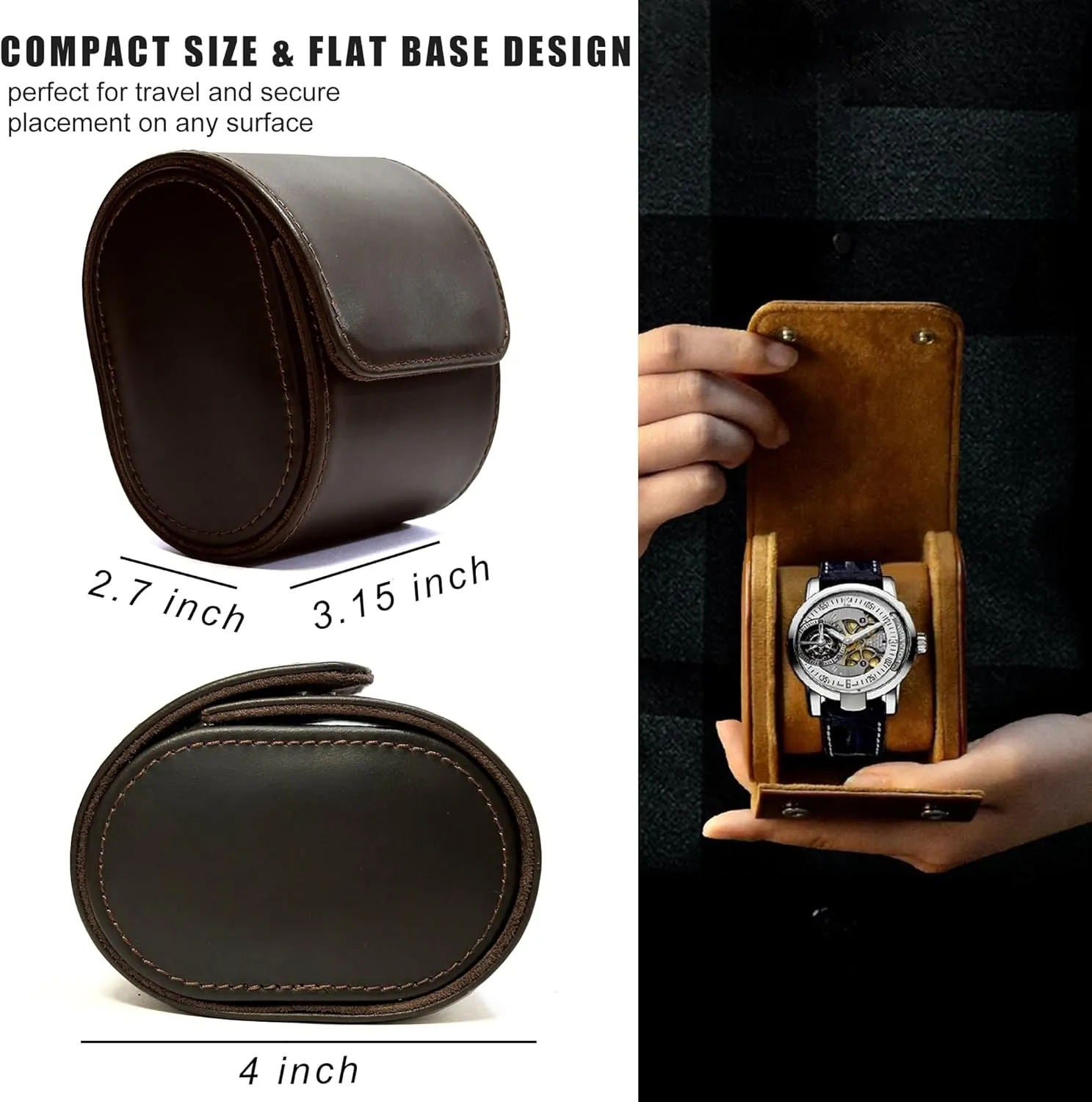 Longjet Watch Roll Travel Case for Men Portable Watches Organizer Box with Removable Velvet Pillow Holder (1 Slot Chocolate Brown/Genuine Leather)