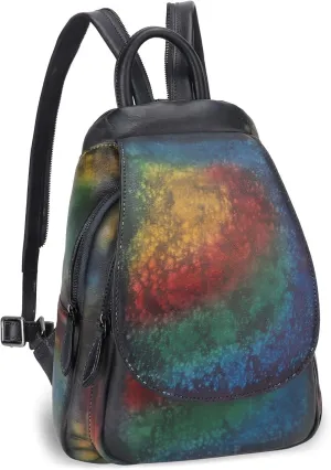 LRTO Genuine Leather Backpack for Women Retro Rucksack Casual College Bag Handmade Cowhide Western Daypack (Multicolor2)