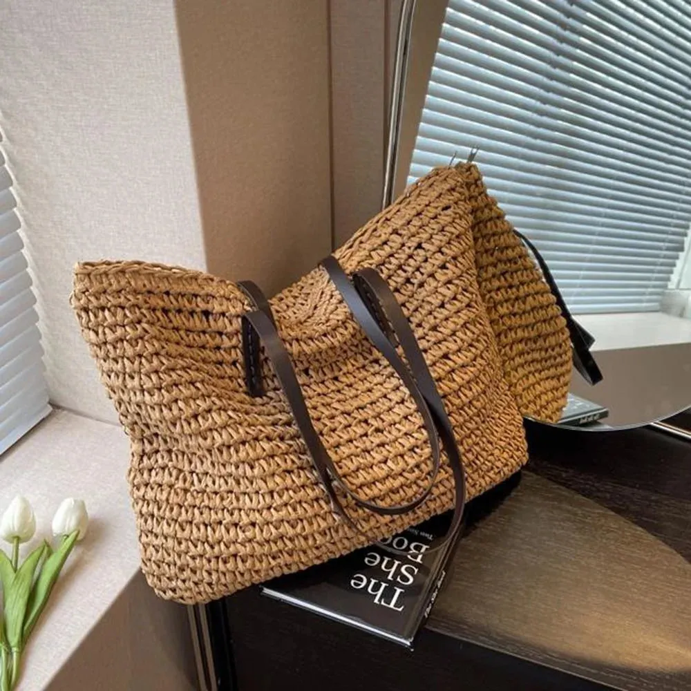 Luxury Design Straw Woven Tote Bags Summer Casual Large Capacity Handbags New Fashion Beach Women Shoulder Simple Style Shopping