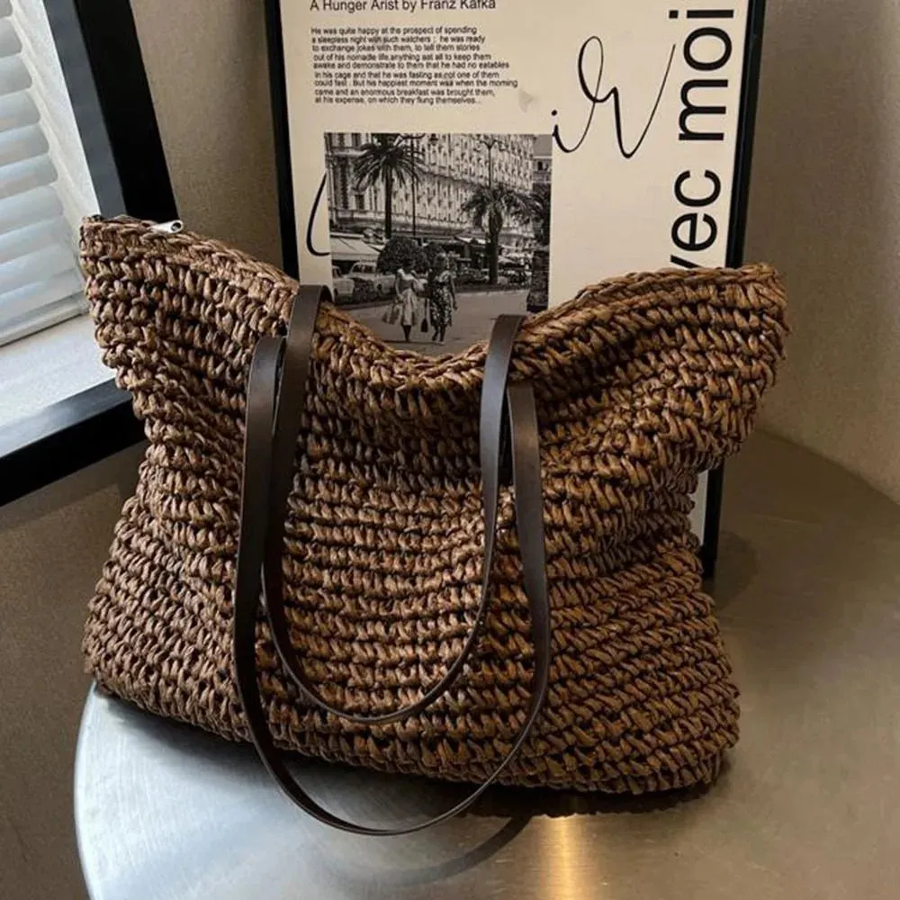 Luxury Design Straw Woven Tote Bags Summer Casual Large Capacity Handbags New Fashion Beach Women Shoulder Simple Style Shopping