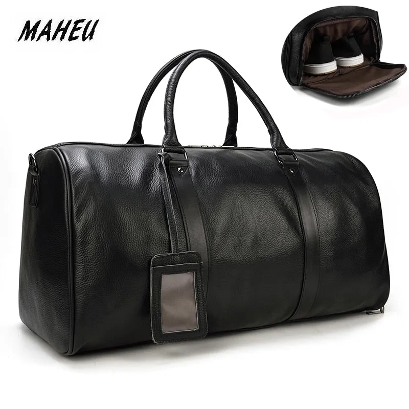 MAHEU Natural Cow Skin Travel Bags Waterproof Men's Leather Overnight Bags Hand Luggage Men Male Weekend Bag Business Man 55cm