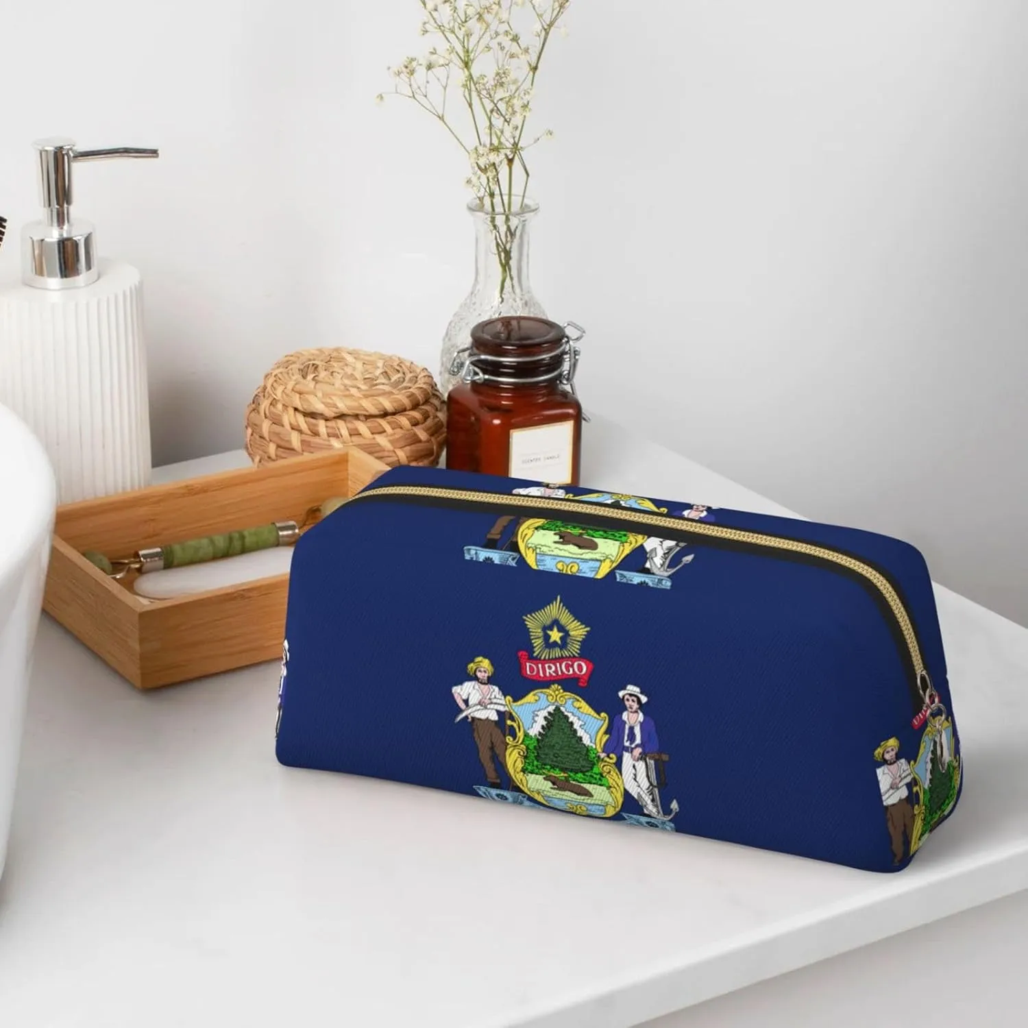 Maine State Flag Print Pencil Case With Zipper, Large Capacity Pen Bag For Pencils, Leather Pouch For Travel