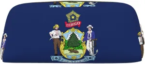 Maine State Flag Print Pencil Case With Zipper, Large Capacity Pen Bag For Pencils, Leather Pouch For Travel