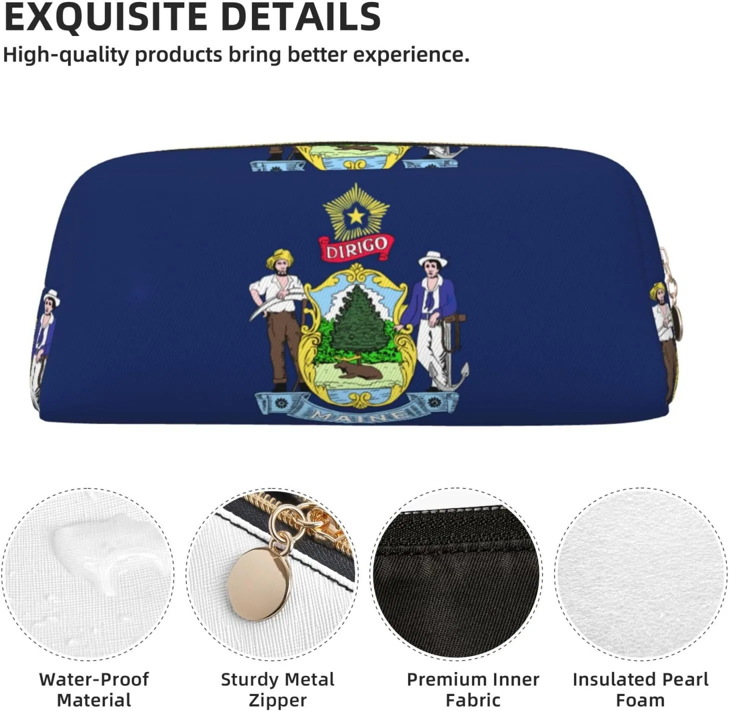Maine State Flag Print Pencil Case With Zipper, Large Capacity Pen Bag For Pencils, Leather Pouch For Travel