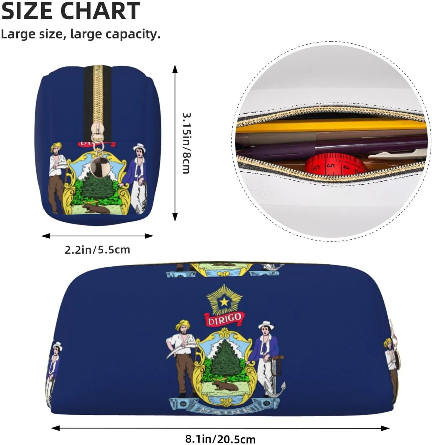 Maine State Flag Print Pencil Case With Zipper, Large Capacity Pen Bag For Pencils, Leather Pouch For Travel